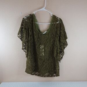 Solitaire Green Lace Blouse Large Embroidered Back Panel. 100% Polyester